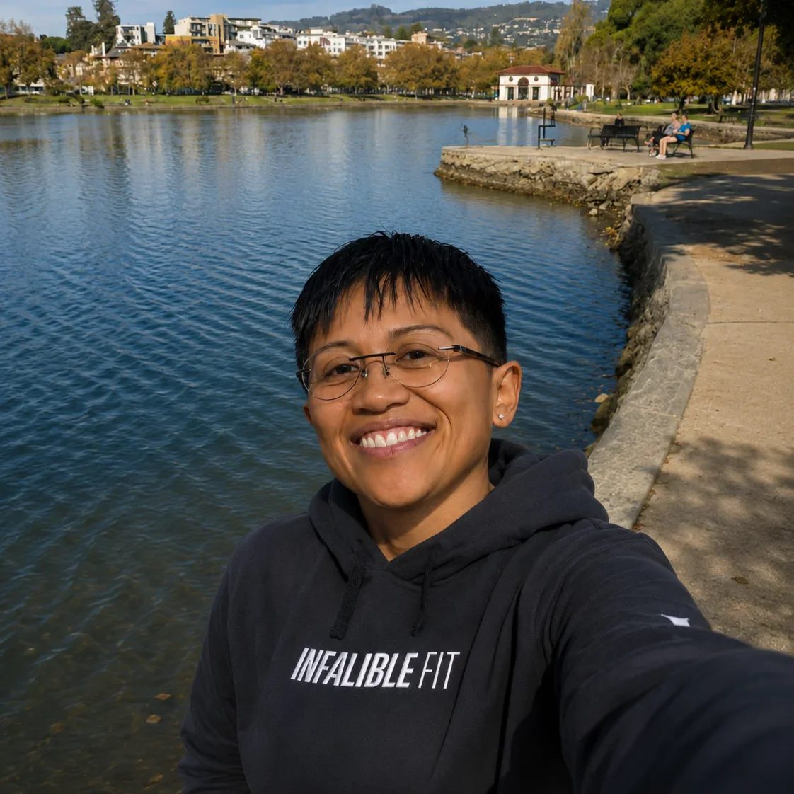 Joanne leading an outdoor training session by Lake Merritt in Oakland
