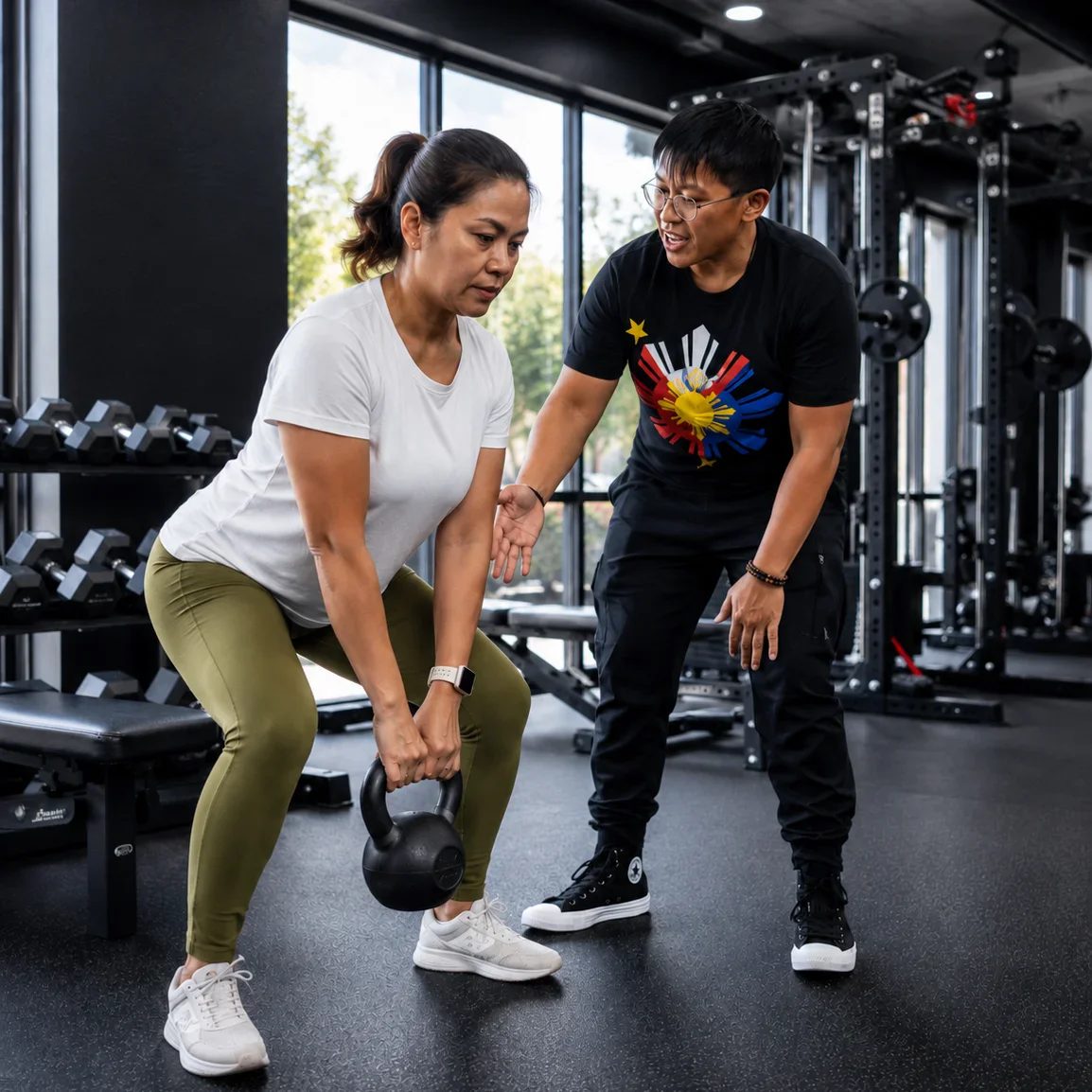 Joanne coaching a beginner through proper technique during a personal training session
