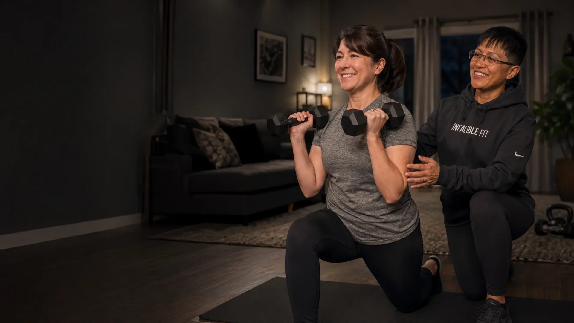 Joanne Castillo coaching a client through a dumbbell movement at home.